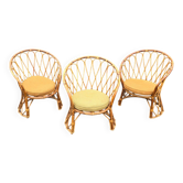 Set of 3 vintage rattan armchairs