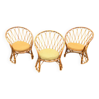 Set of 3 vintage rattan armchairs