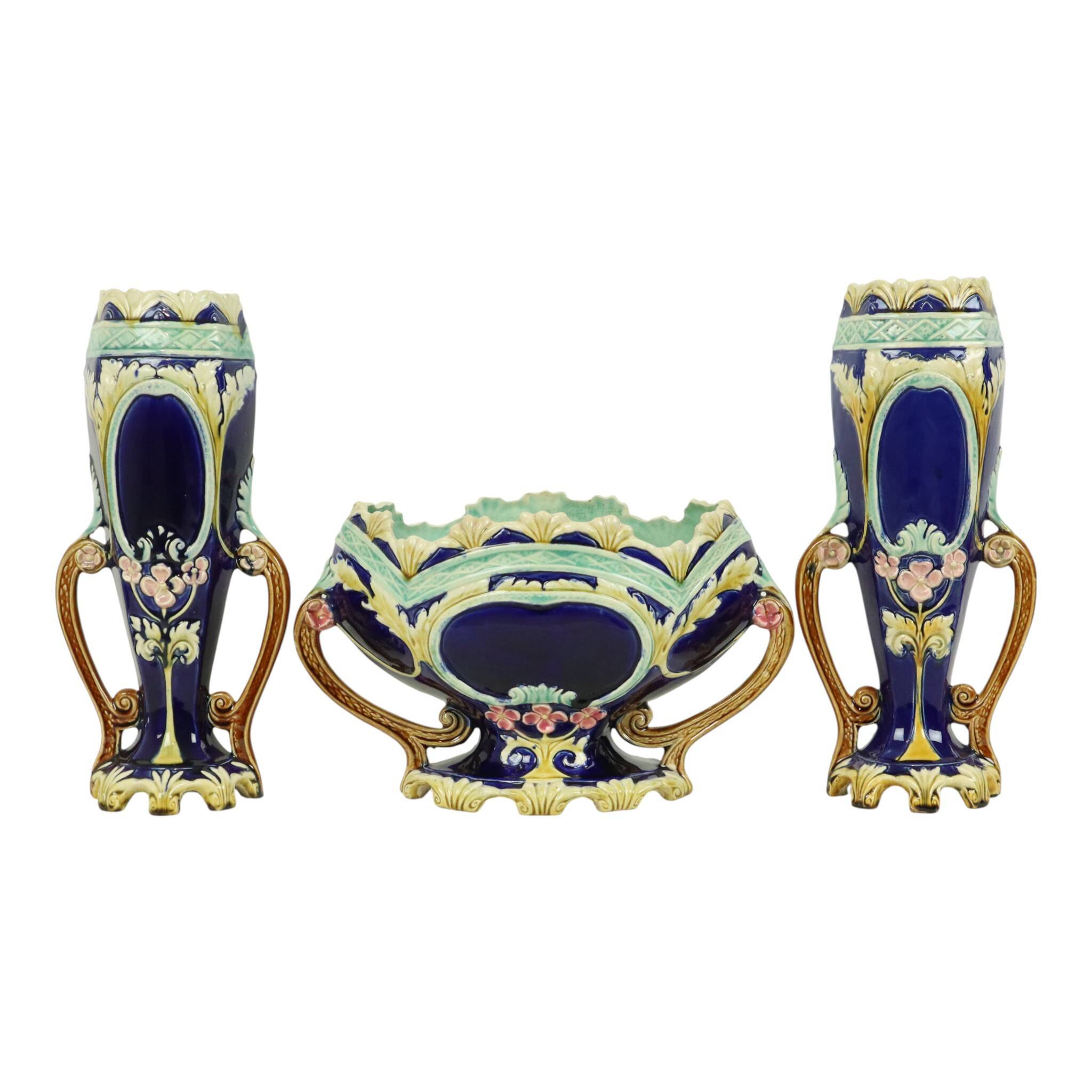 Art Nouveau Barbotine Majolica Vases Jardinière Set of 3