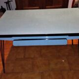 Table formica bleu tiroir pied effel avec rallonge