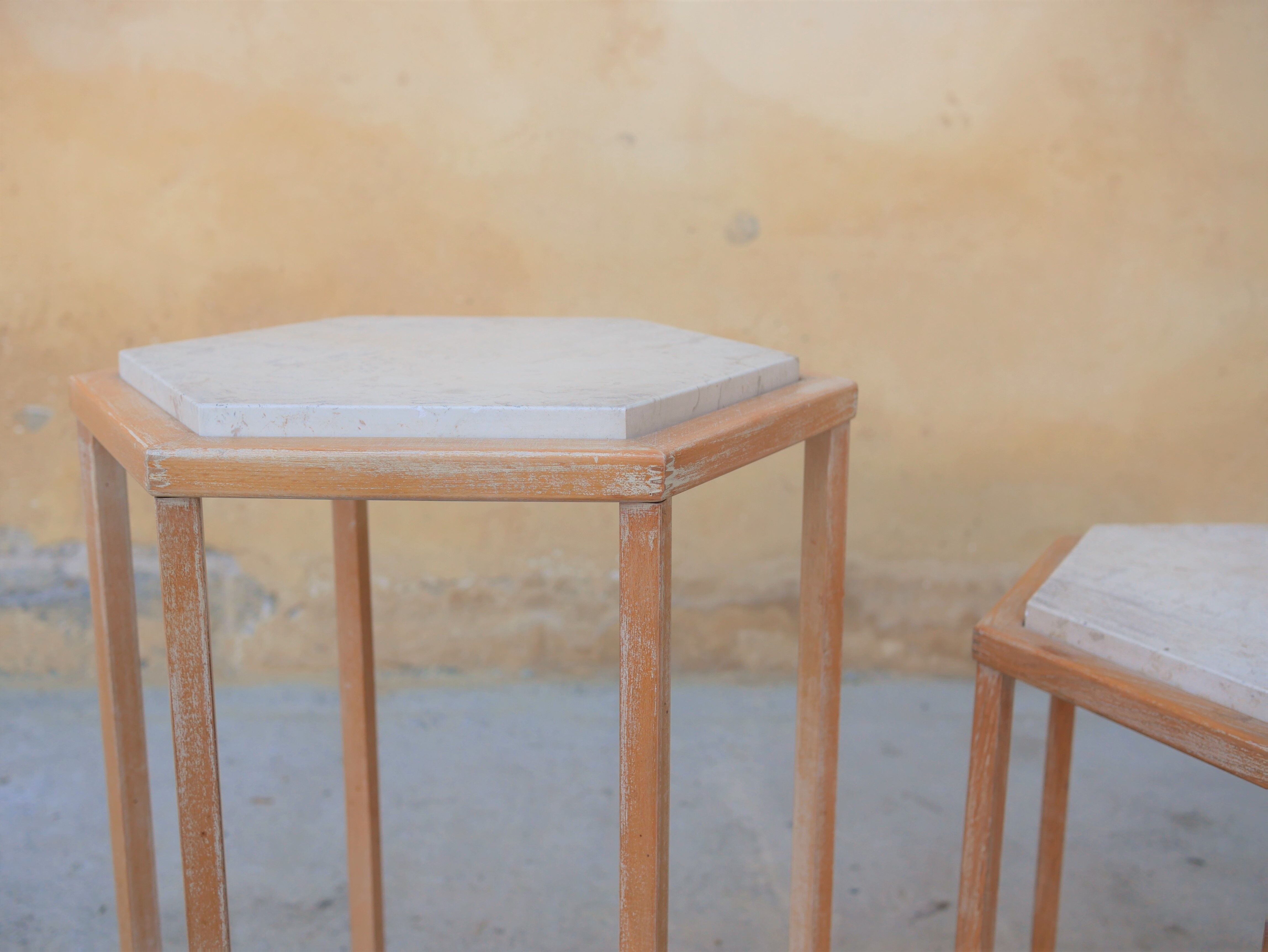 Series of 3 vintage coffee tables in travertine and wood by Roche Bobois editions