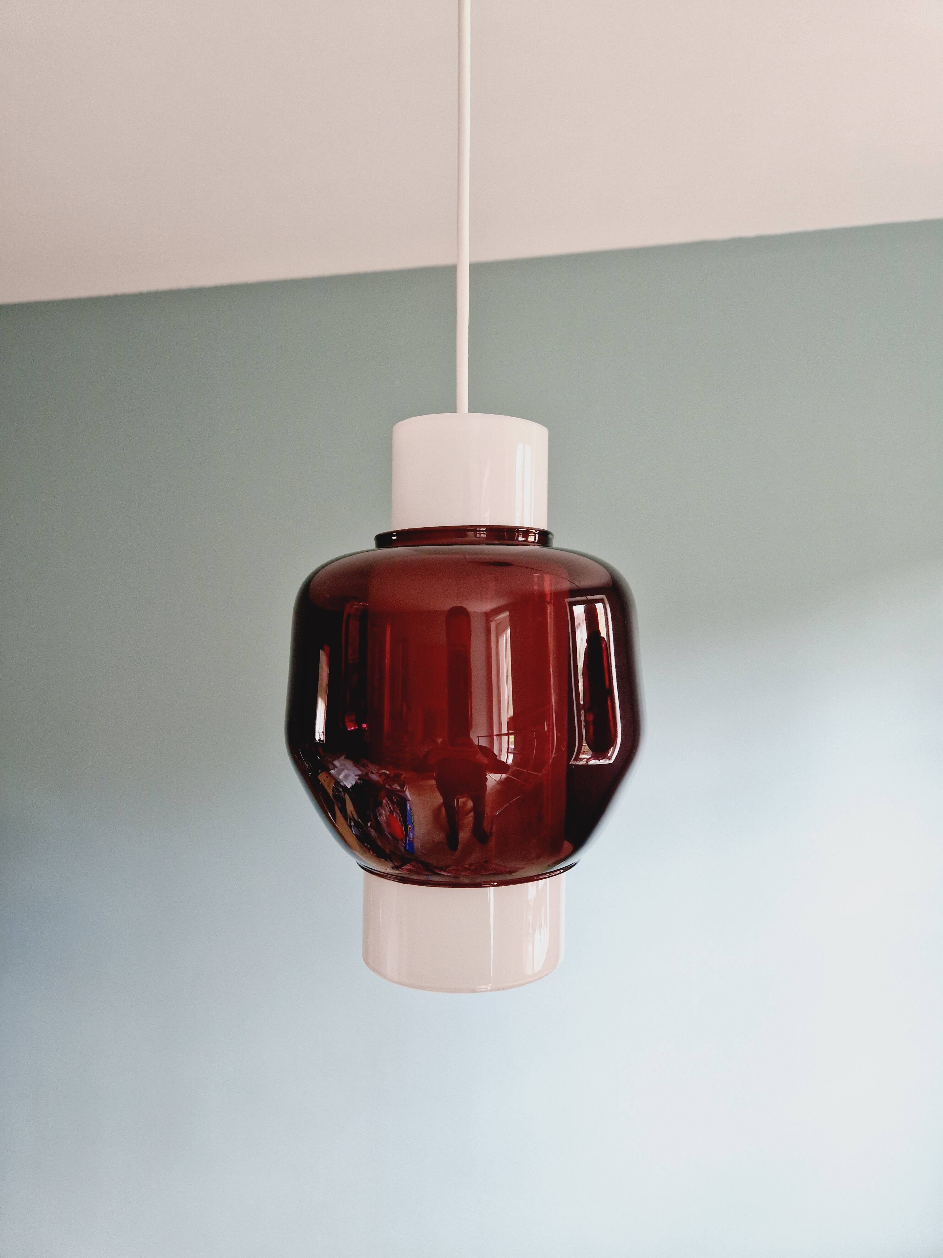Scandinavian double pendant light in white opaline and amethyst glass, 1960s