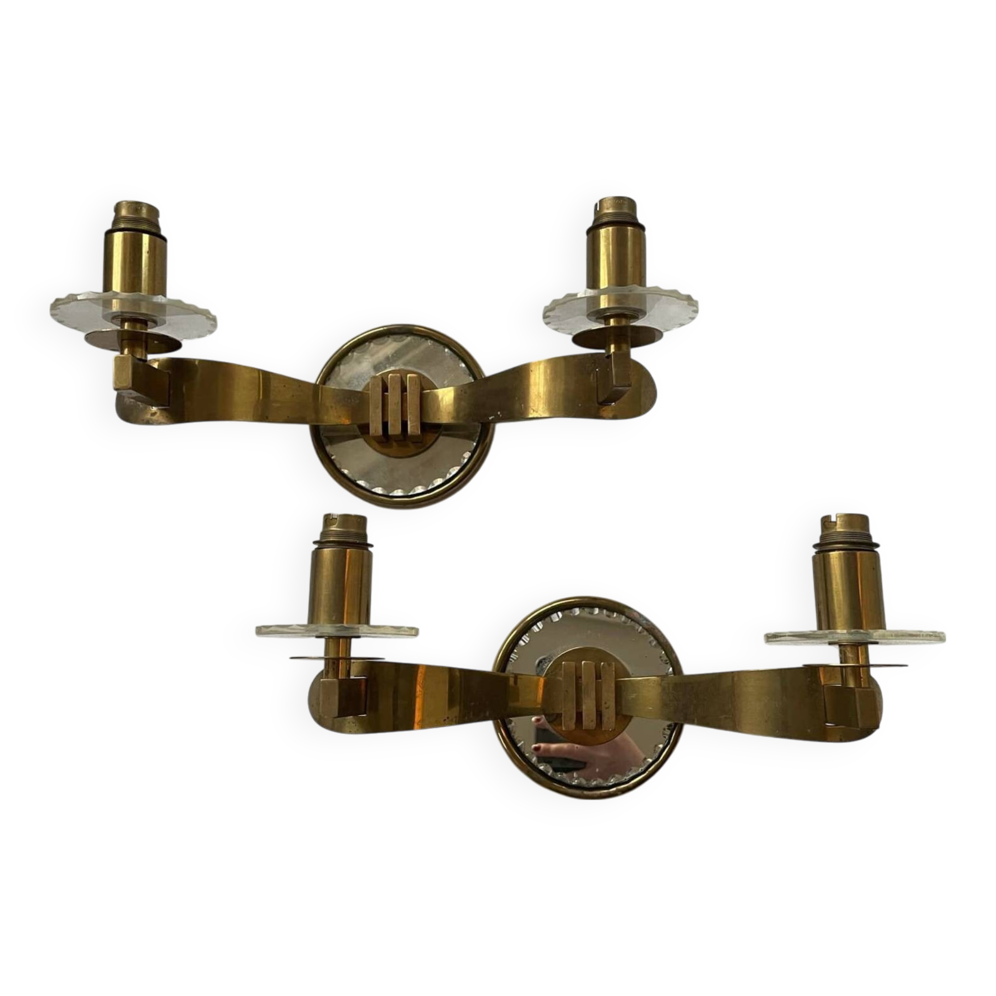 Vintage pair of art deco brass and mirrored glass wall lights France 1940