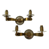 Vintage pair of art deco brass and mirrored glass wall lights France 1940