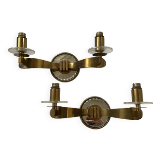 Vintage pair of art deco brass and mirrored glass wall lights France 1940