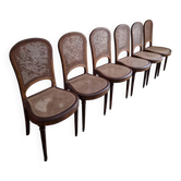 Set of 6 antique Louis XVI style dining chairs with caning.