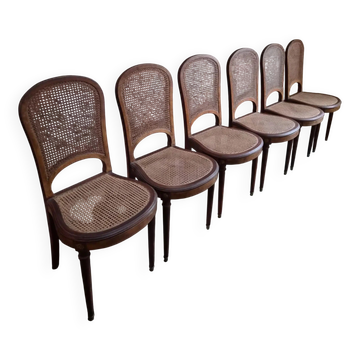 Ensemble de 6 chaises de salle à manger anciennes de style Louis XVI en cannage