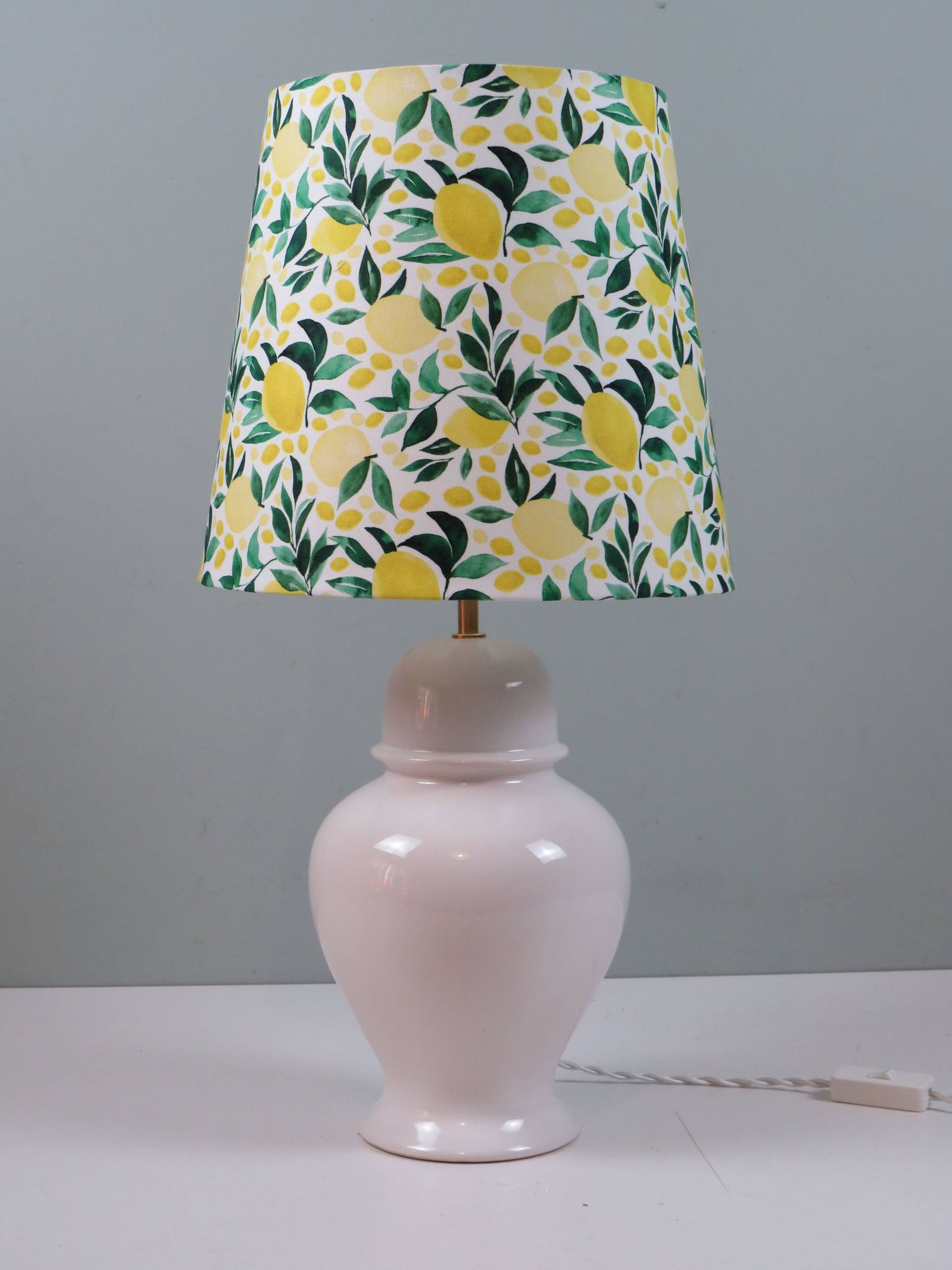 Vintage white ceramic lamp with custom lemon shade.
