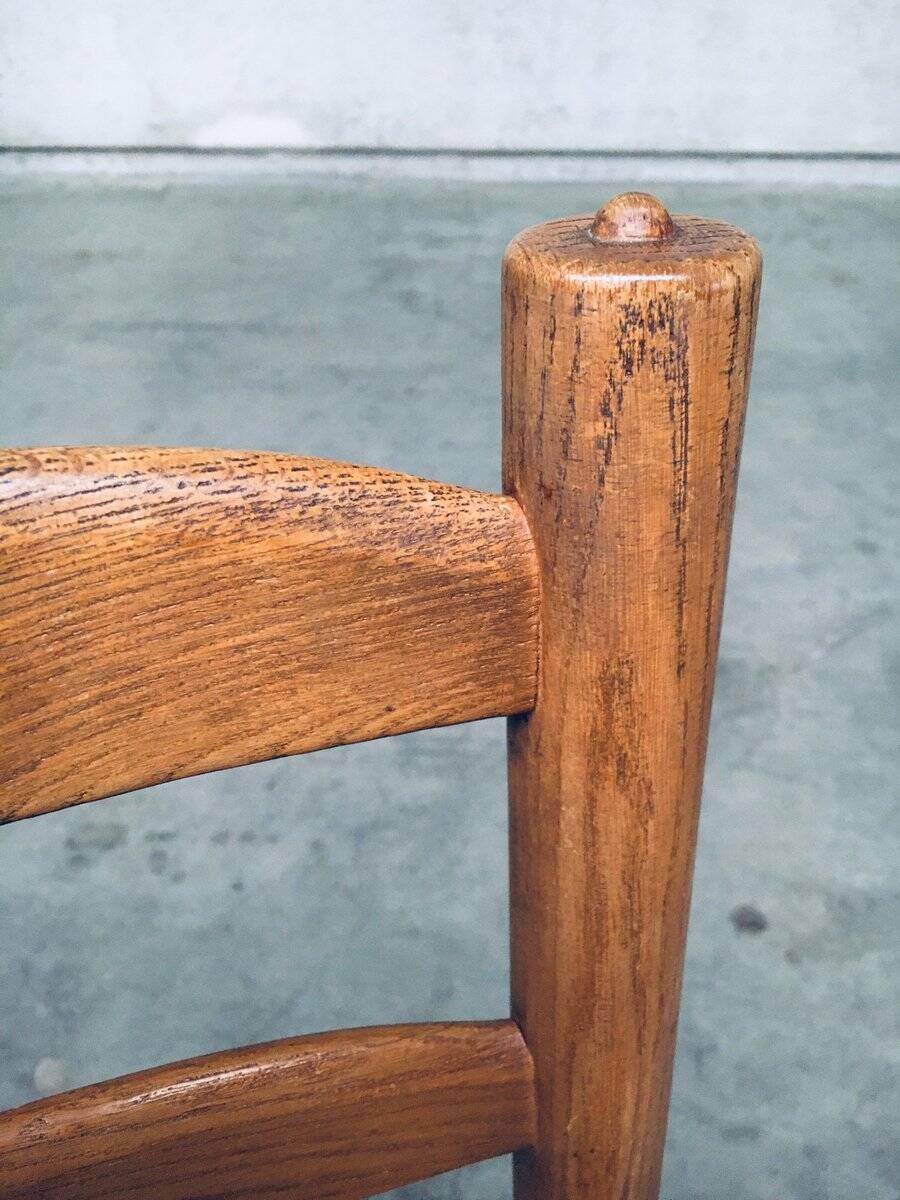 Rustic Oak and Rush High Ladder Back Dining Chairs, Belgium, 1950s, Set of 6