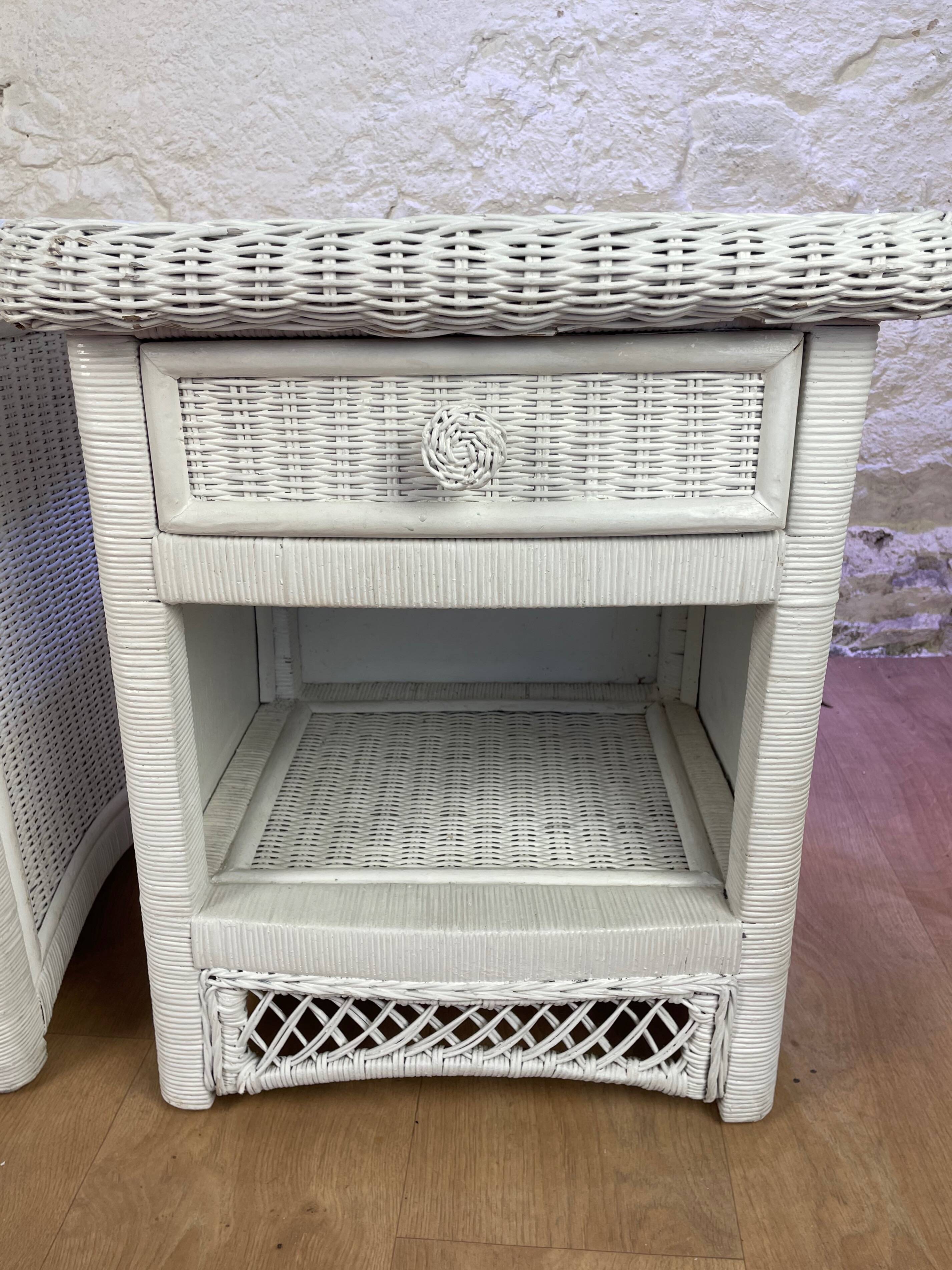 Pair of white wicker bedside tables from the 70s