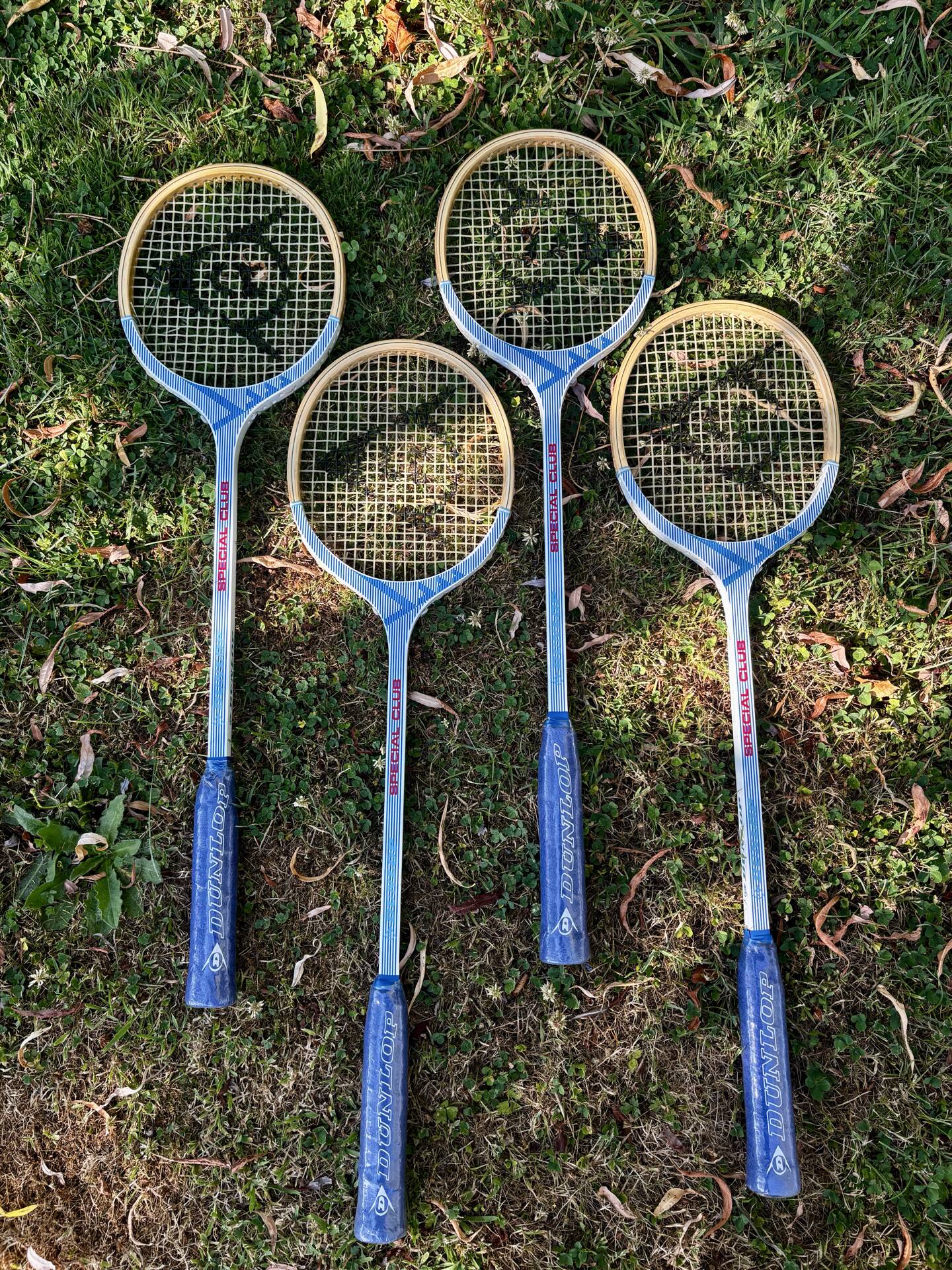 Vintage lot of 4 new Dunlo Special Club rackets.