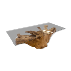 Table souche et verre