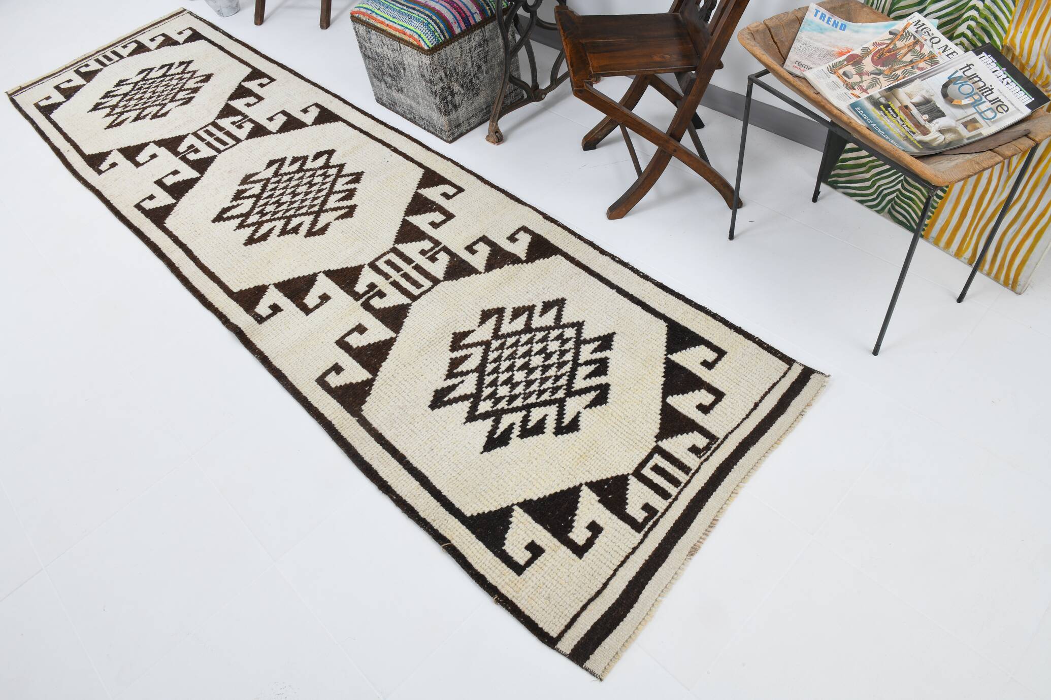 3x12 Rug For Hallway Brown Beige Turkish Runner Rug, 92x364Cm SK 18273