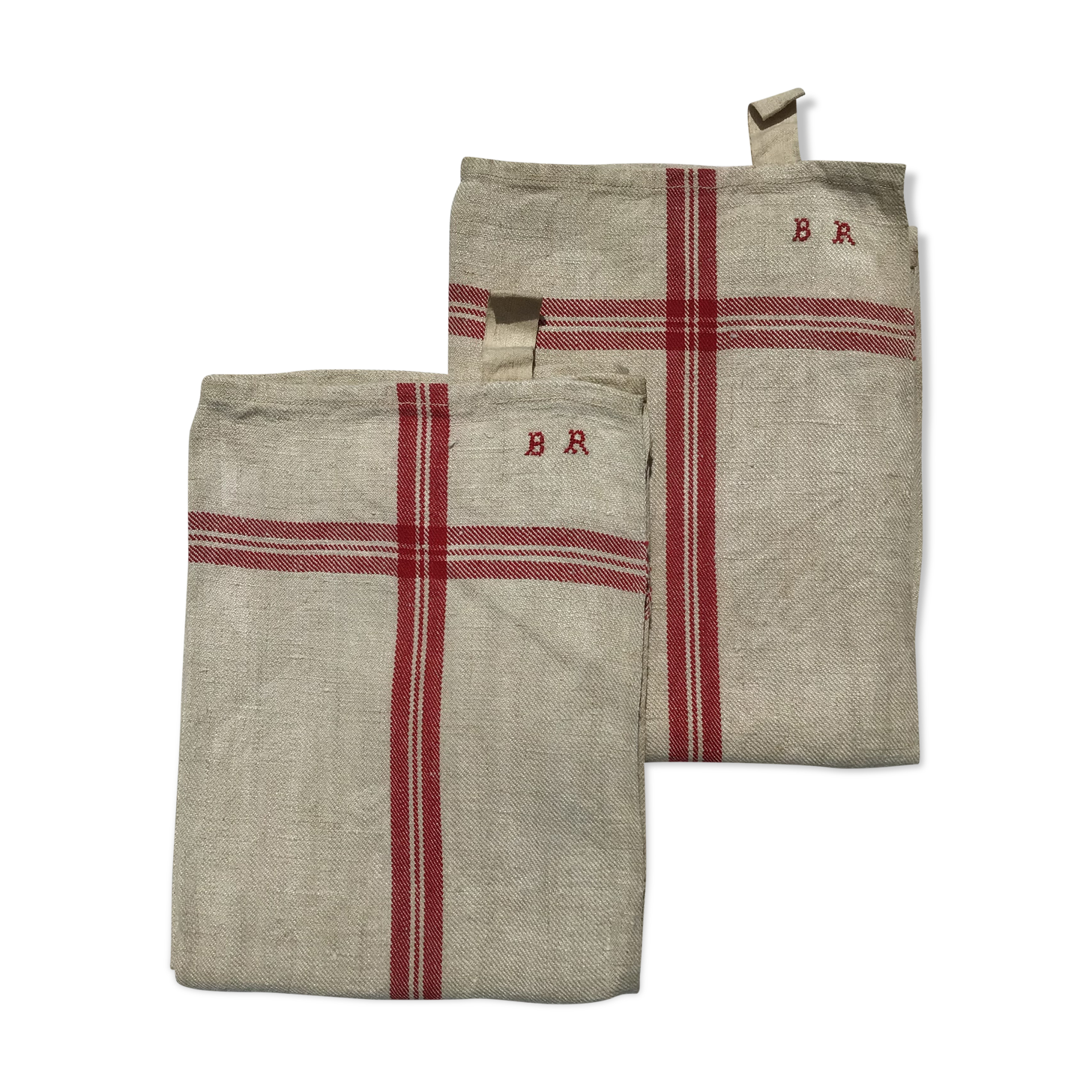 Pair new linen towels embroidered BR triple red stripe