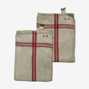 Pair new linen towels embroidered BR triple red stripe