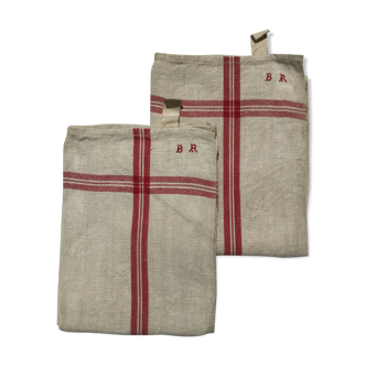 Pair new linen towels embroidered BR triple red stripe