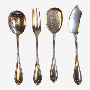 4 Serving cutlery in silver metal, model with crossed ribbons, Louis XVI style