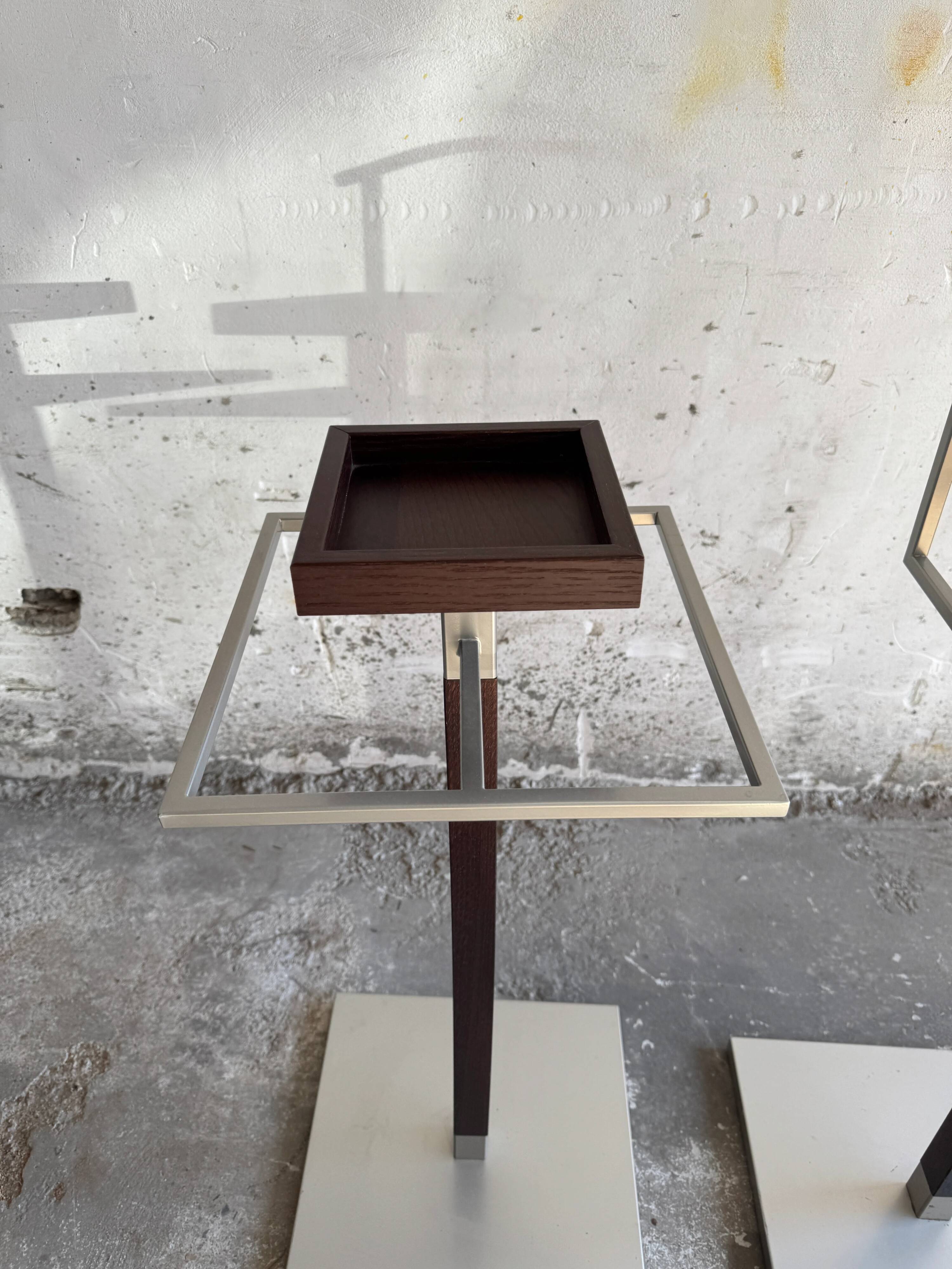 Set of 2 Calligaris holders — silver gray with dark brown wood, metal, and wood design