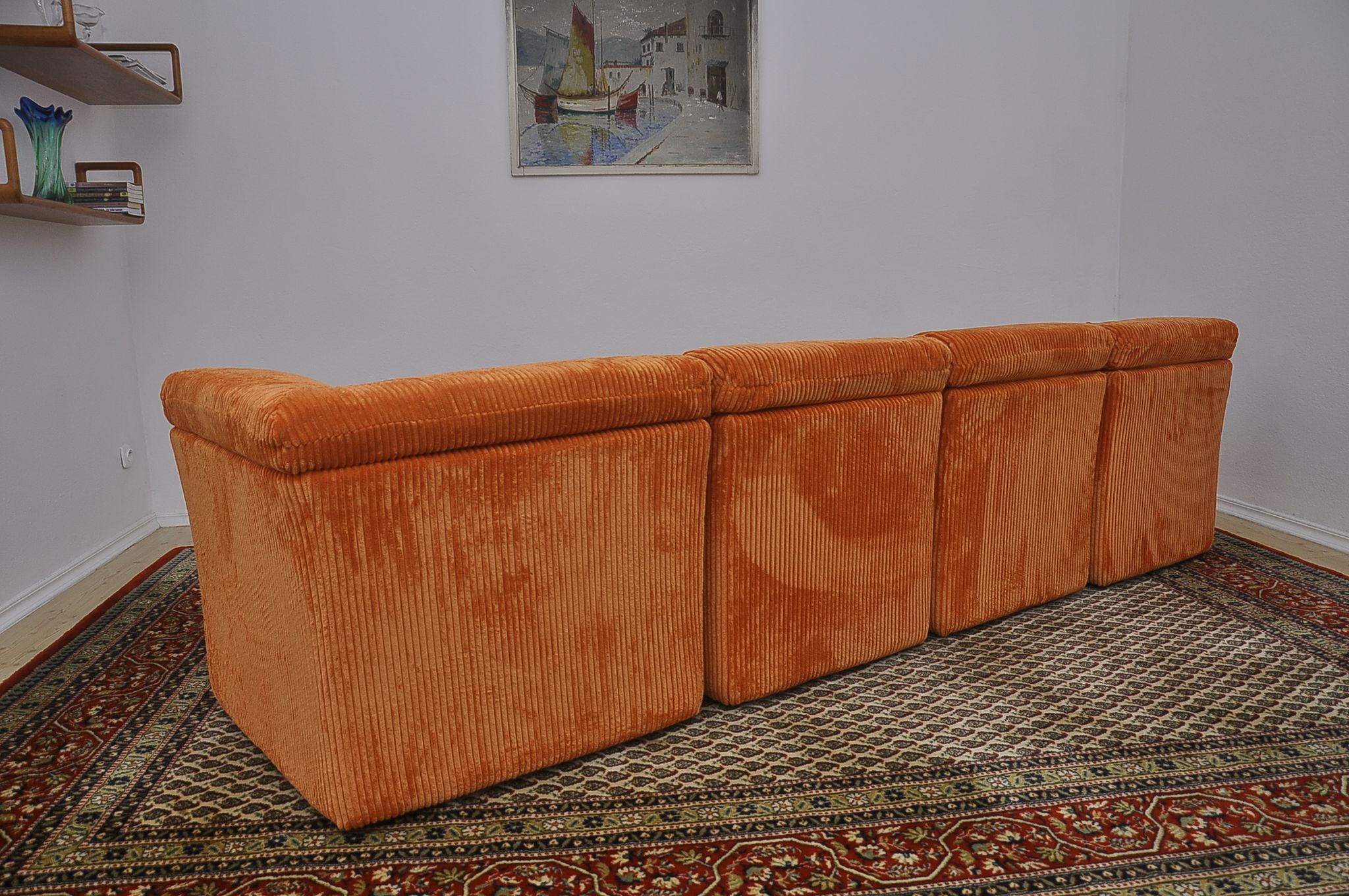 Orange corduroy Modular sofa from the 70's, 4 pieces