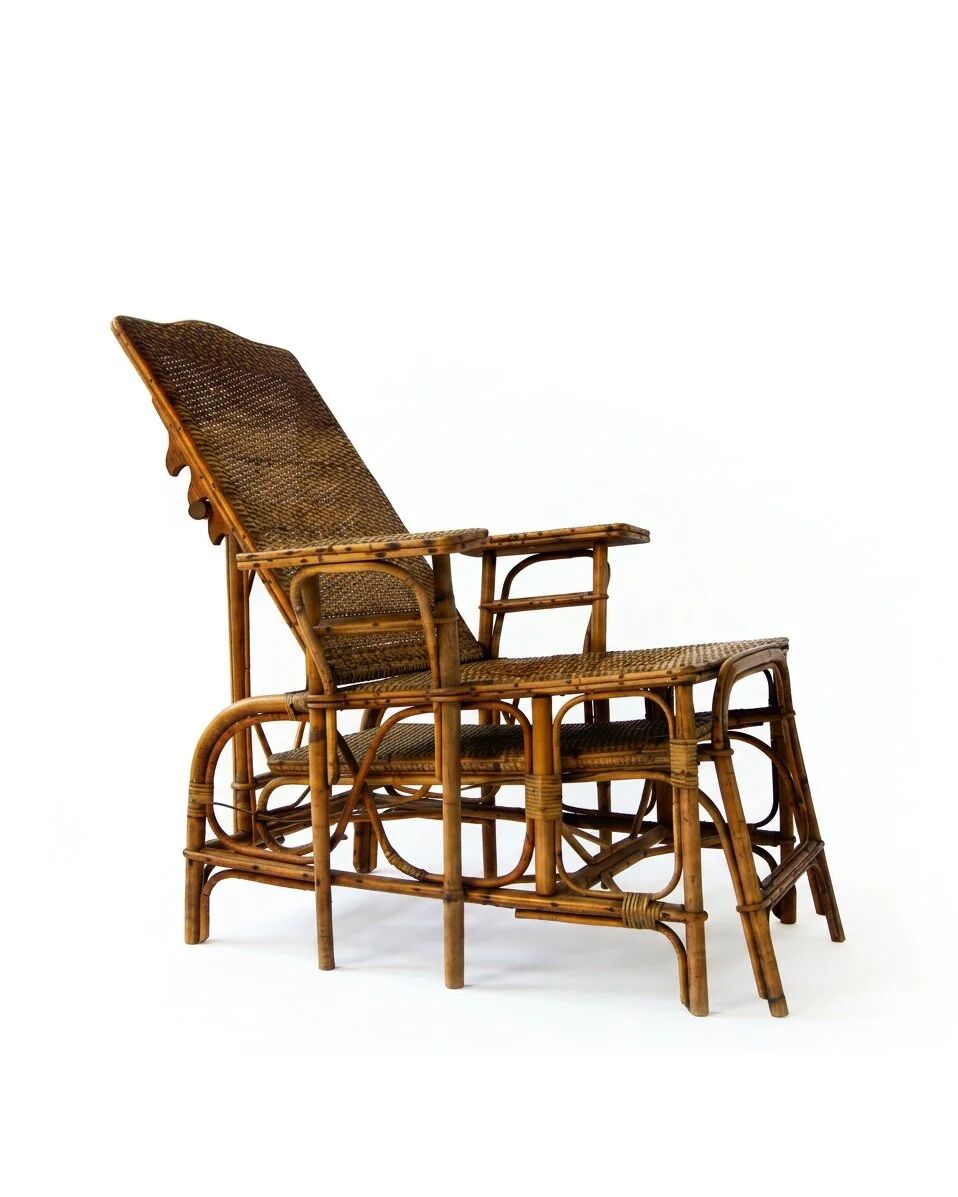 Vintage reclining armchair in rattan and bamboo, French Riviera, year