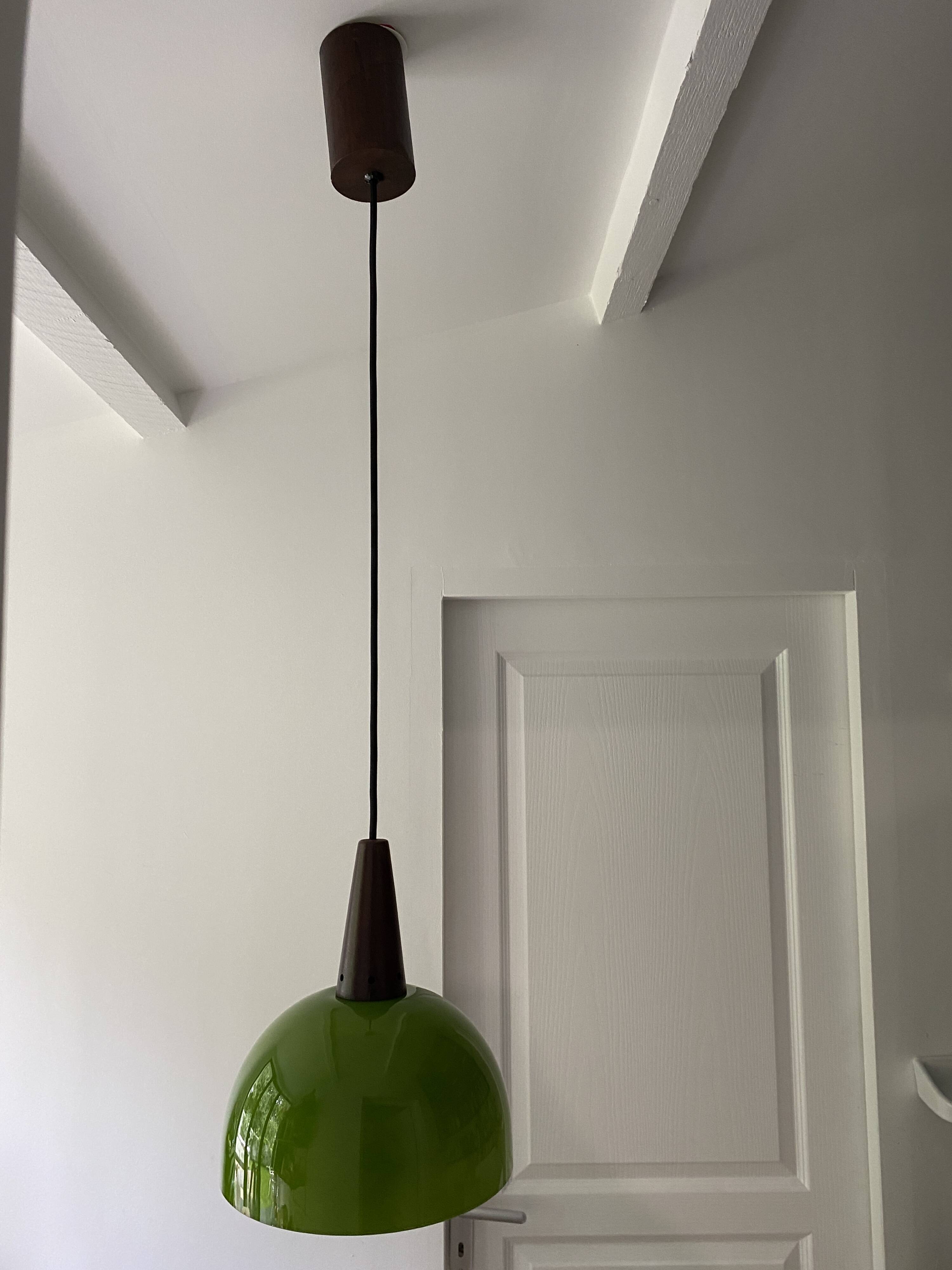 Vintage half globe pendant light in green opaline, imitation teak elements, 50s/60s
