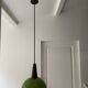 Vintage half globe pendant light in green opaline, imitation teak elements, 50s/60s