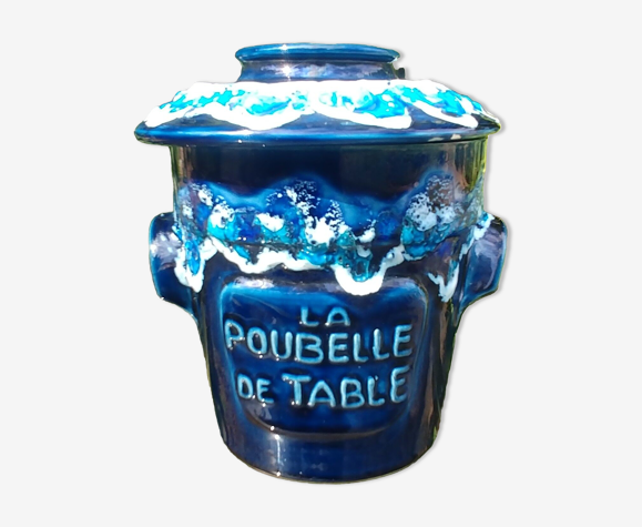 Poubelle de table en céramique vernissée bleu Vintage décor fat lava années 70