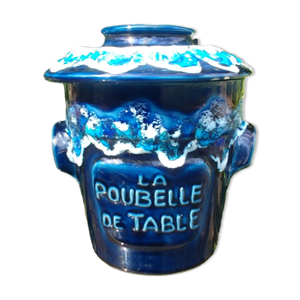 Poubelle de table en céramique vernissée bleu Vintage décor fat lava années 70