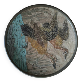 Enamelled brass bowl with duck decoration