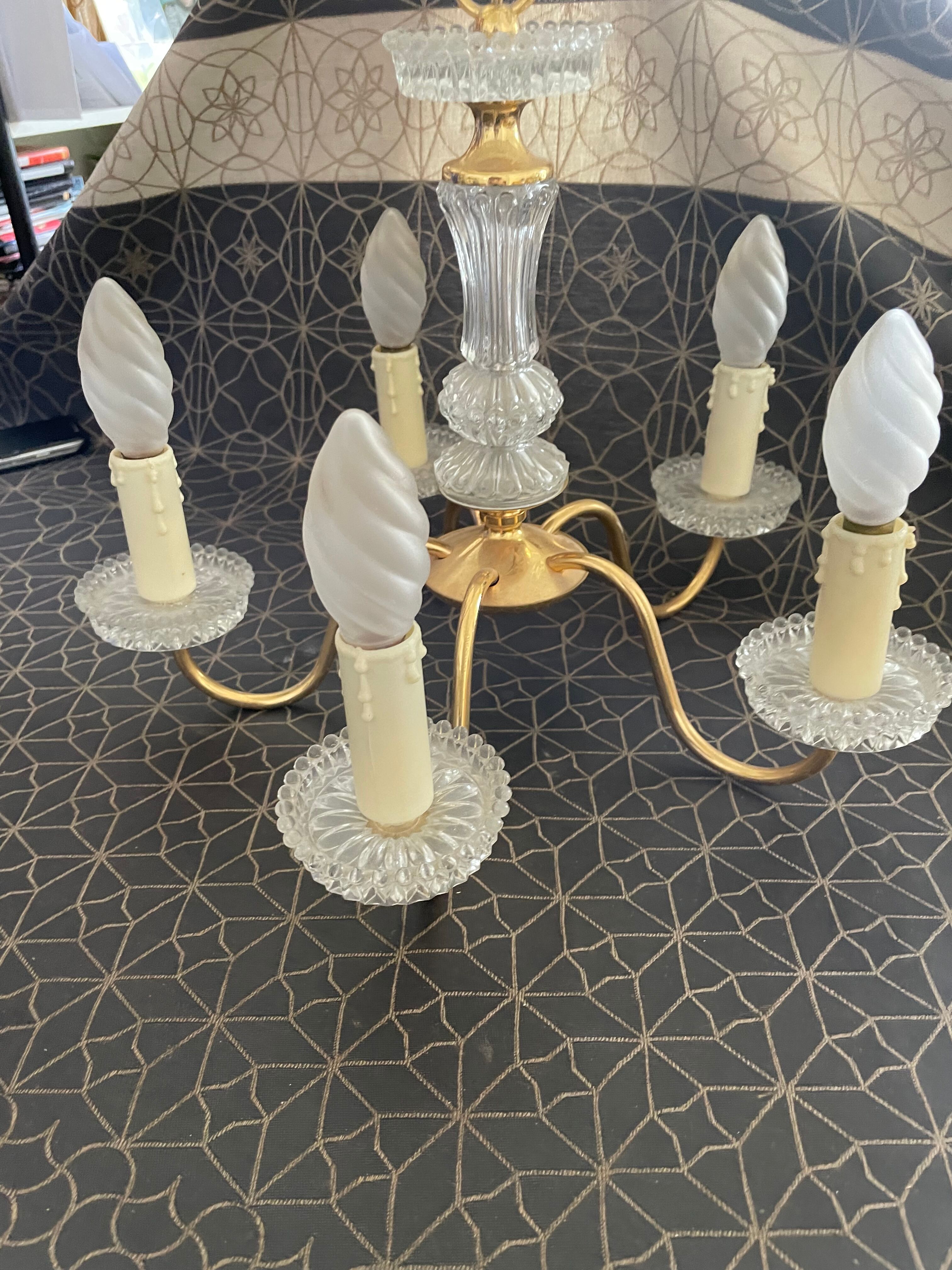 Five-branched golden brass chandelier