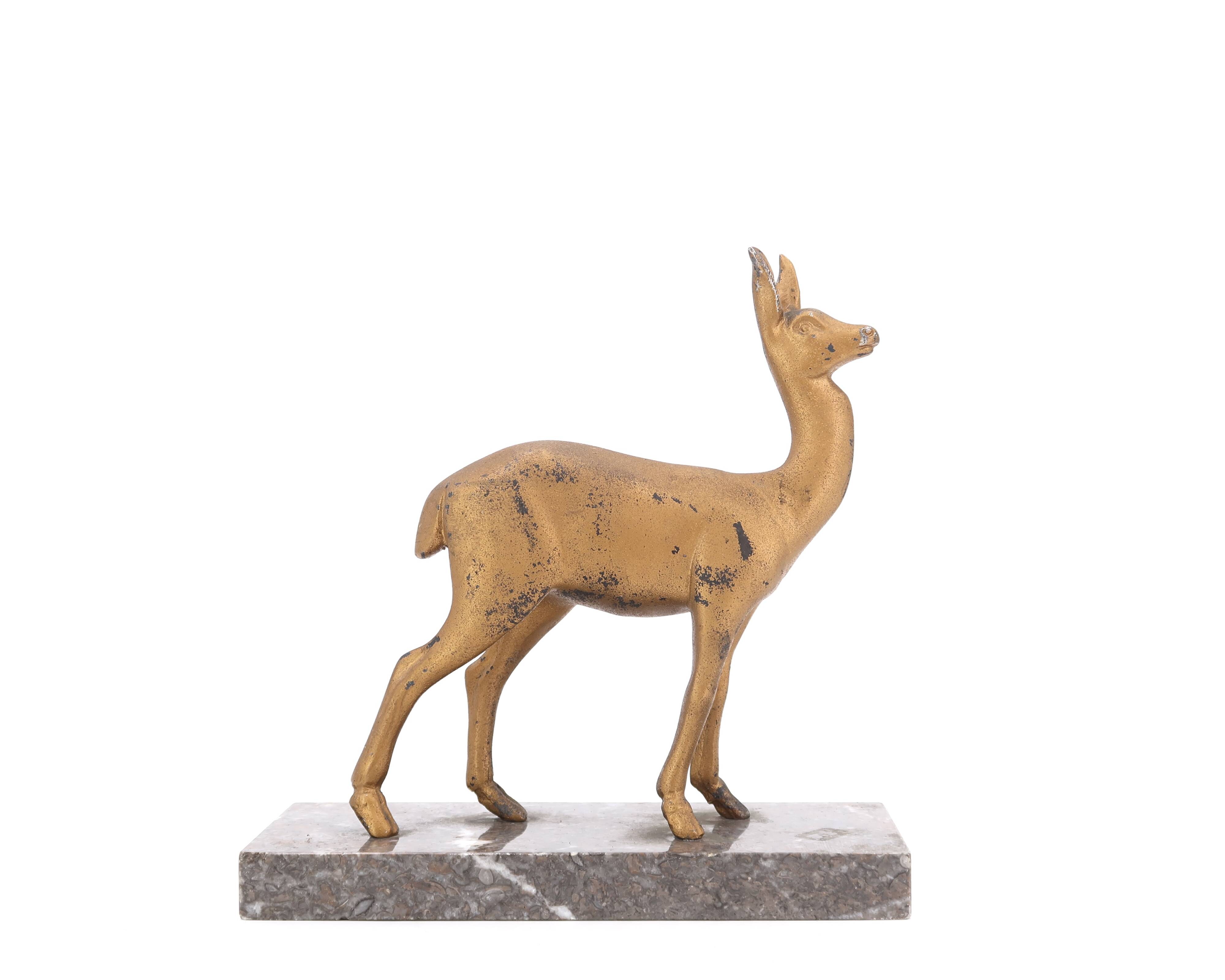Art Deco gilded doe sculpture on marble base