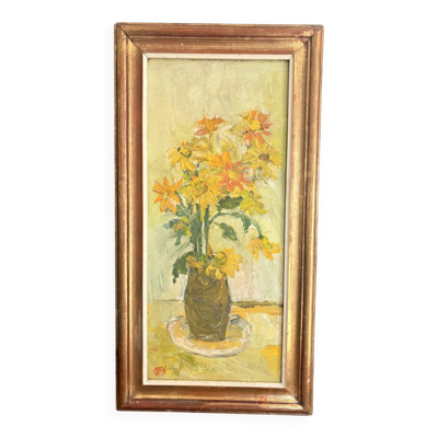 Tableau Huile Bouquet Fleurs Mariangela Vlădulescu Art Roumain 1970