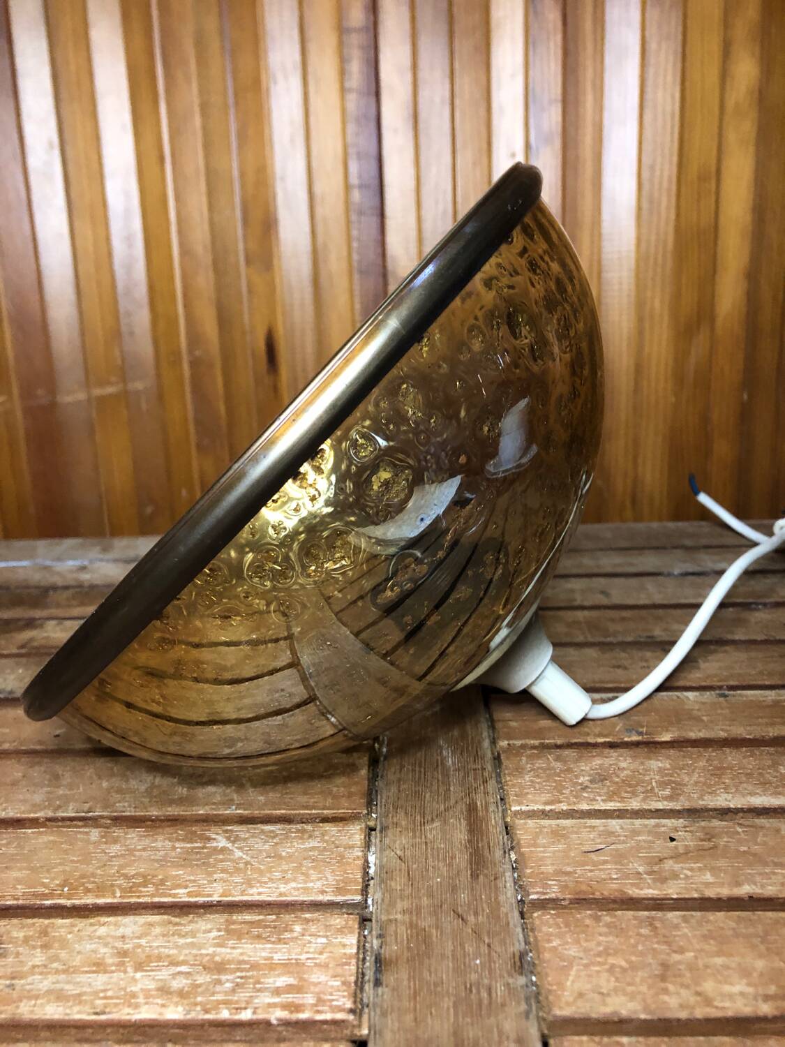 Old pendant lamp molded glass gold inlay + vintage brass contour