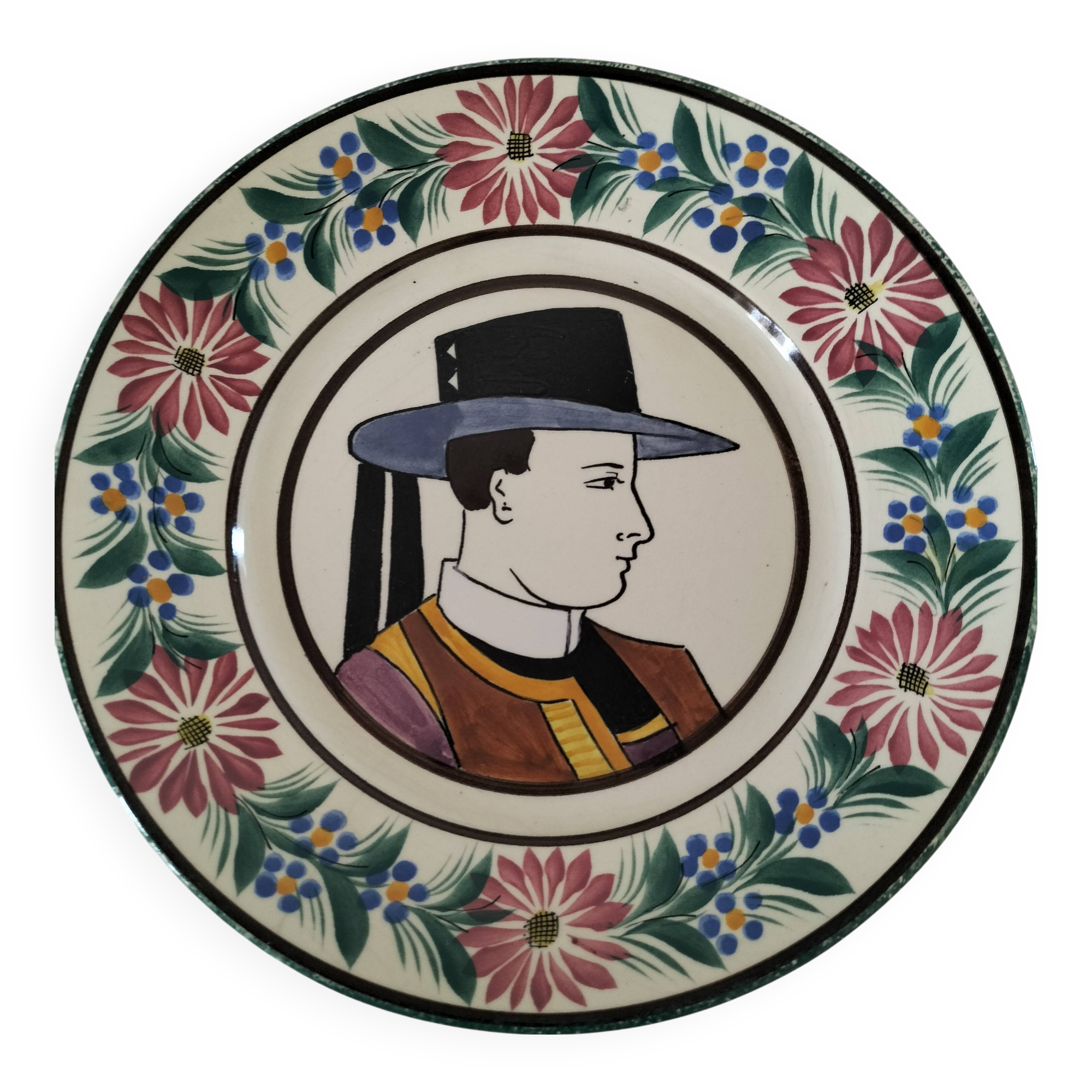 Antique HB Quimper plate – Portrait of a Breton – circa 1930