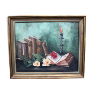 Vintage oil painting, gold gilted wood frame, still life