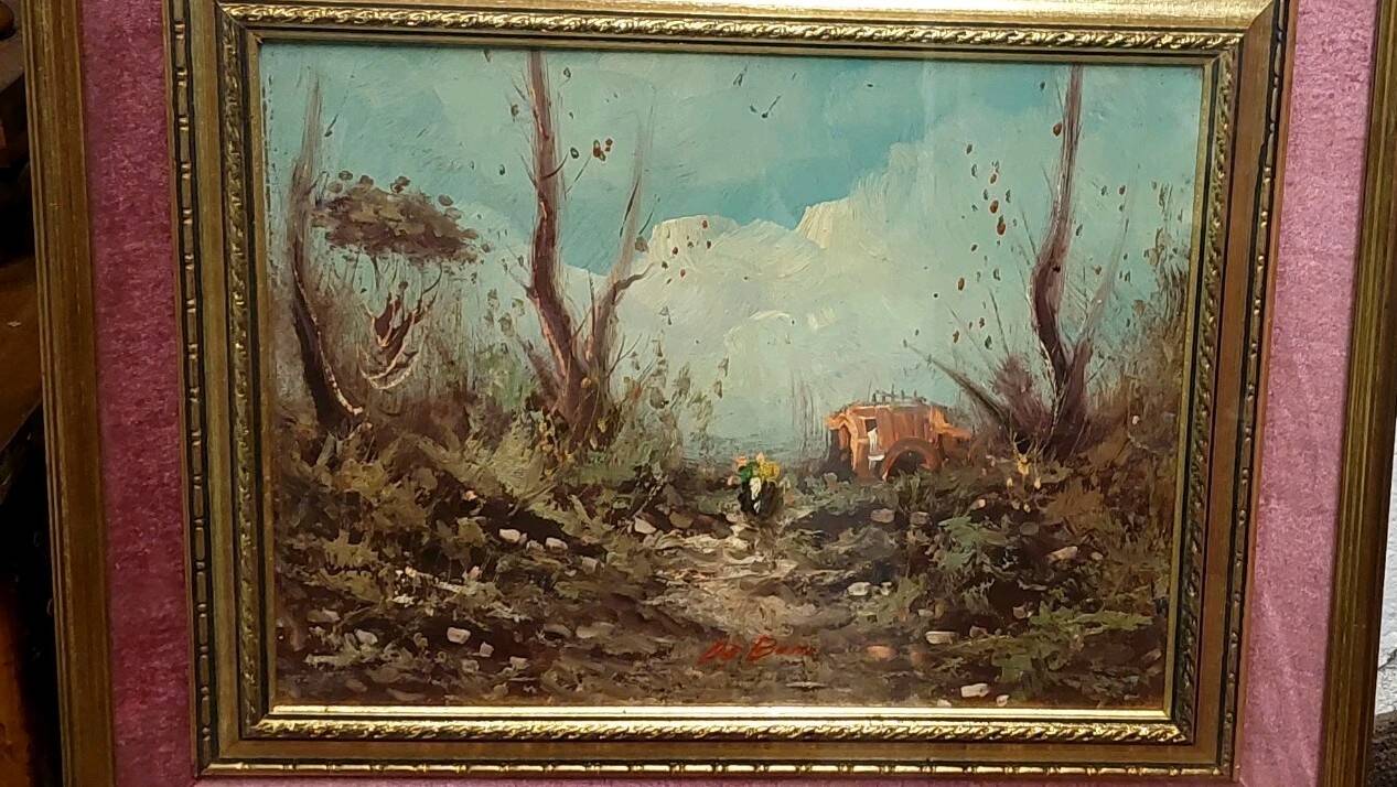 Oil painting on faesite landscape signed "DE BONI" 60s with frame