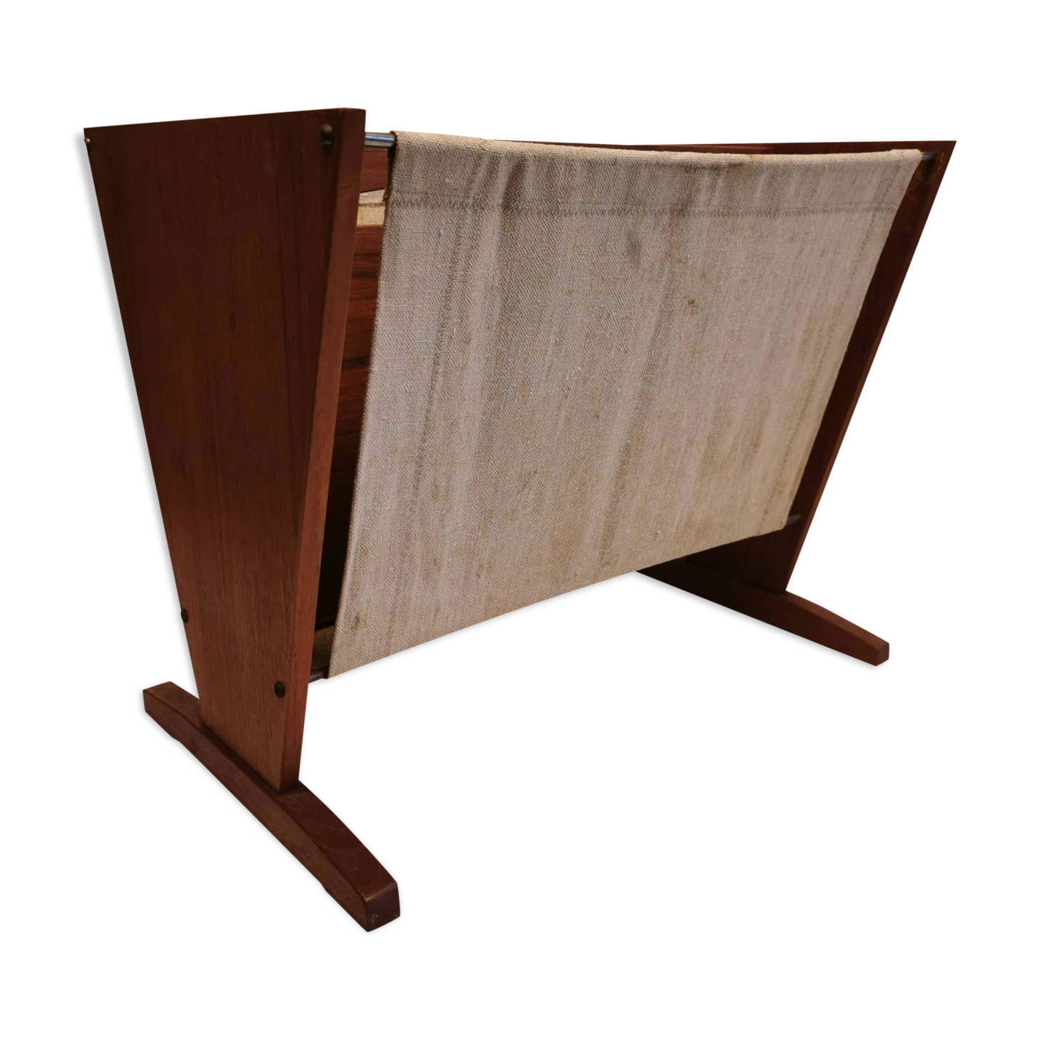Magazine rack in teak wood with sand-coloured canvas, Danish and from the 1970s.