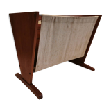 Magazine rack in teak wood with sand-coloured canvas, Danish and from the 1970s.