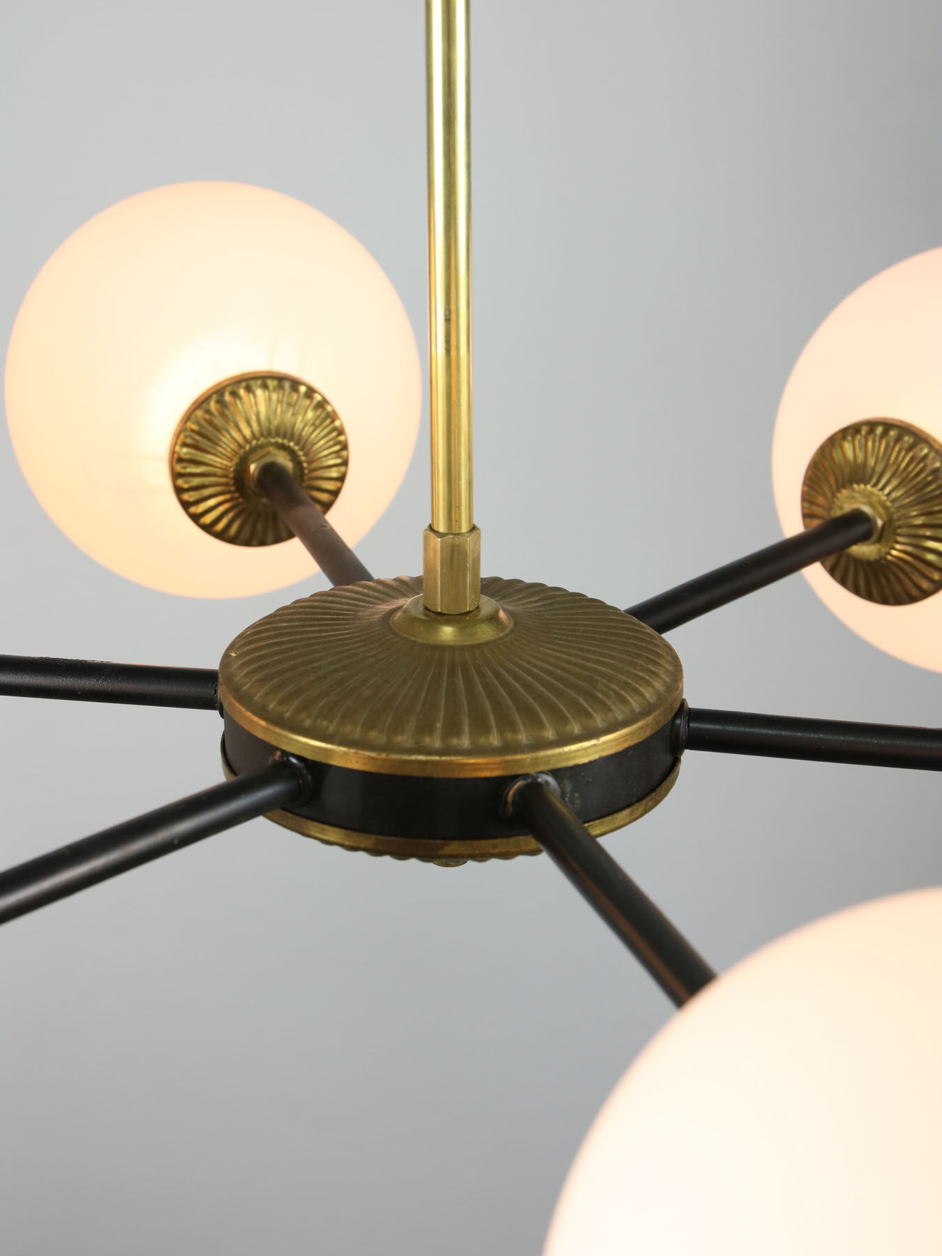 Mid-century sputnik brass and opaline glass chandelier
