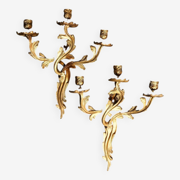 Pair of Rococo Style Brass Wall Sconces with Three Candles