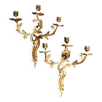 Pair of Rococo Style Brass Wall Sconces with Three Candles