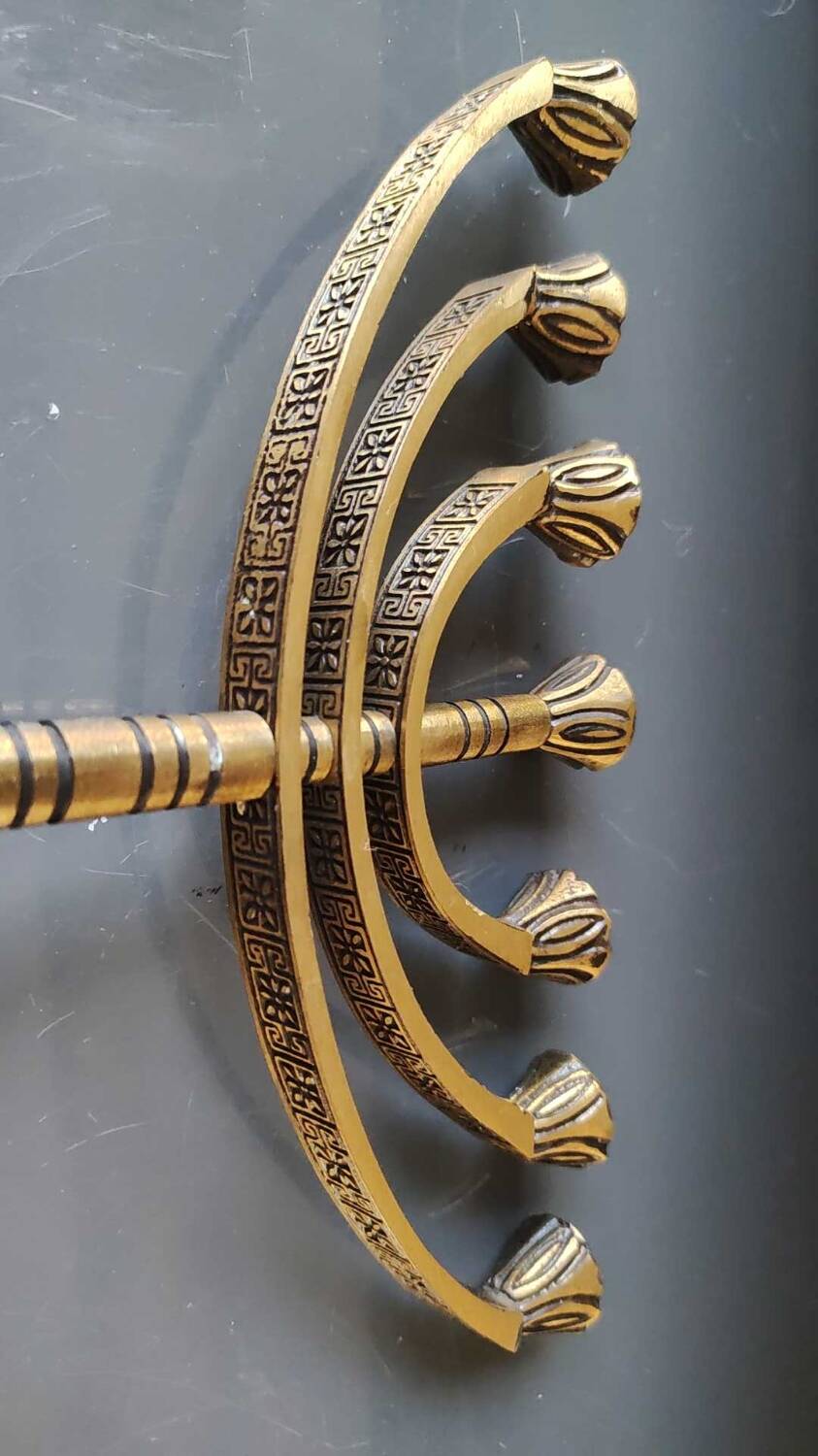 Jerusalem Menorah. Modernist style. In antique gold patinated brass. Dimensions: 15 x 20