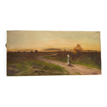 Tableau ancien : paysage animé