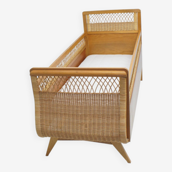 1960s oak and wicker baby bed