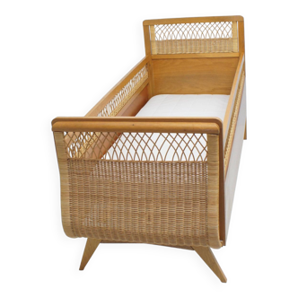 1960s oak and wicker baby bed