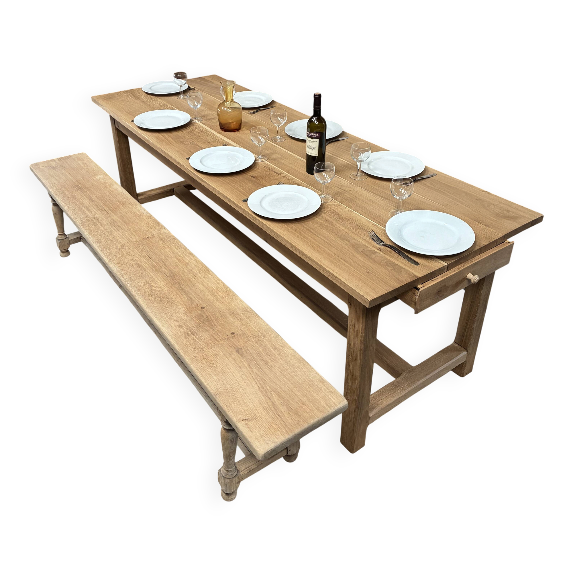 Solid oak farmhouse table with drawer