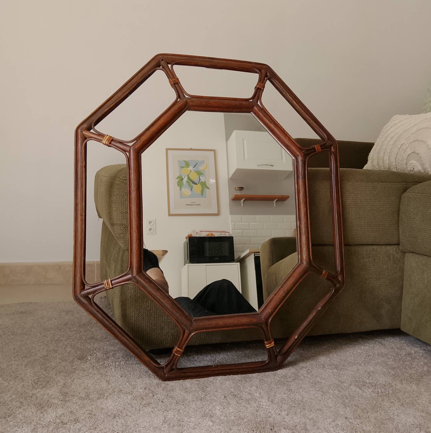 Vintage Italian mirror bamboo and rattan Riviera bohemian chic 1970s