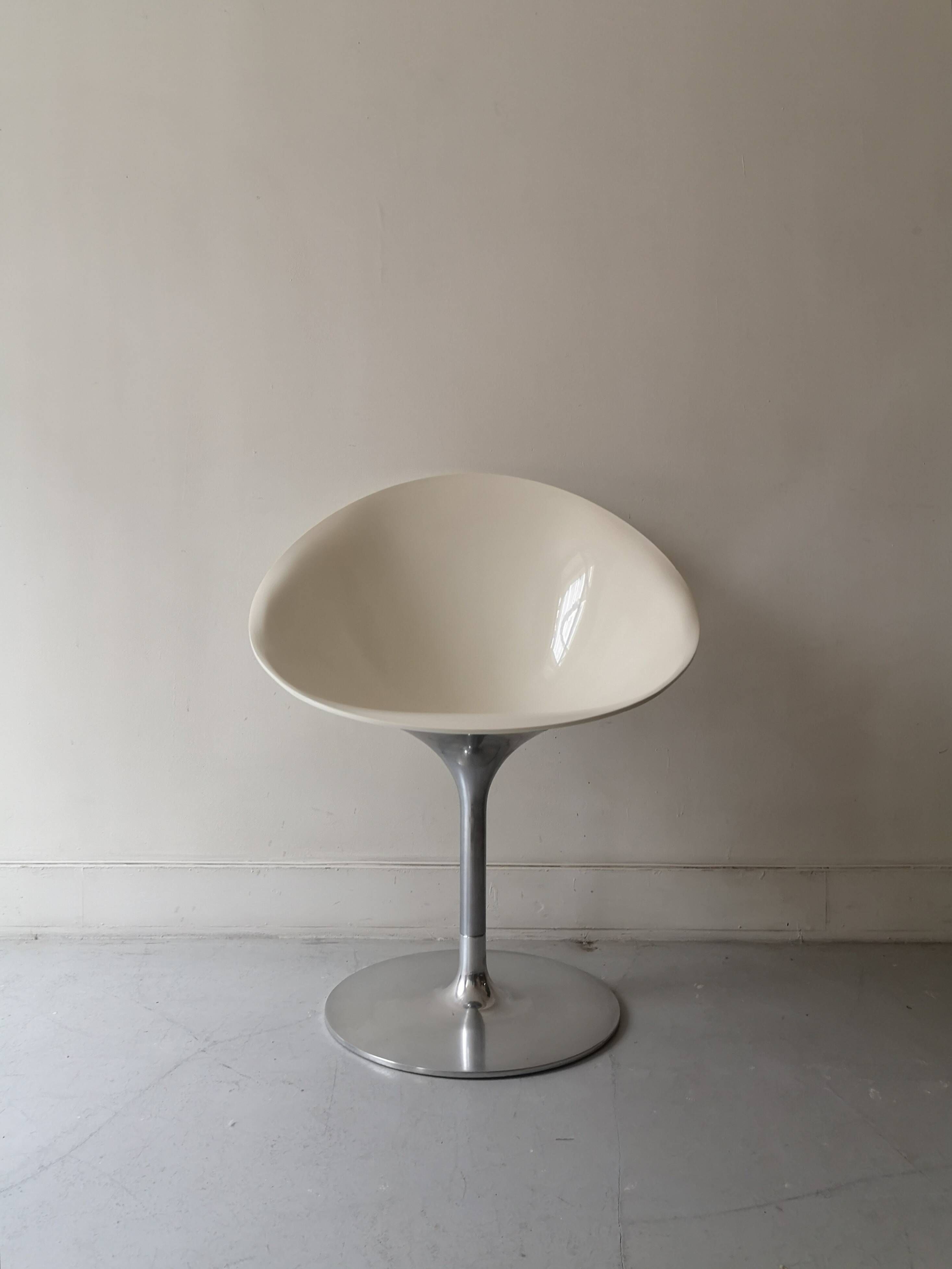 Ero swivel armchair in metal and white shell, p. starck design for kartell