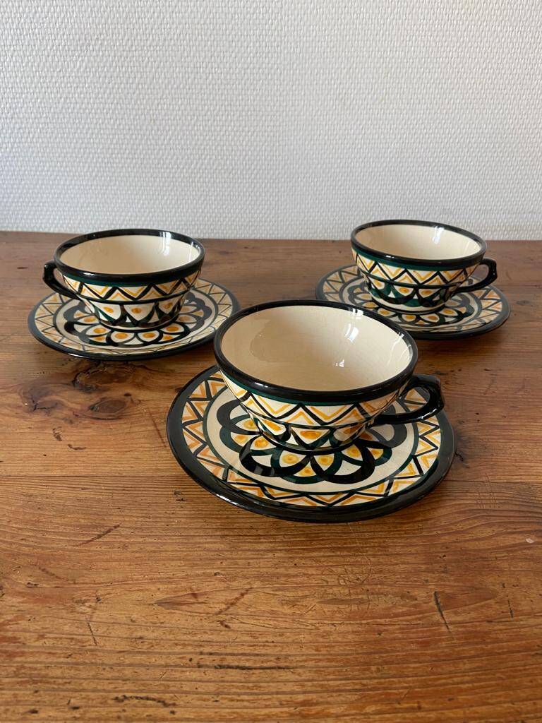 Set of 3 Breton earthenware cups & saucers