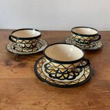 Set of 3 Breton earthenware cups & saucers